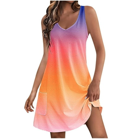 LMKIHUSA Beach Dresses for Women 2024 Summer Casual V Neck Sleeveless Fashion Boho Gradient Color Dress Sundress A-Line Dress with Pockets Pink M