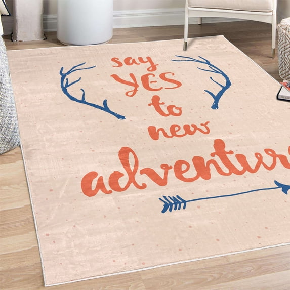 Adventure Decorative Rug, Calligraphic Words Antlers and Arrow on Grunge Dotted Backdrop, Quality Carpet for Bedroom Dorm and Living Room, 6 Sizes, Pale Peach, by Ambesonne