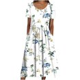 thumbnail image 1 of QJUHUNG Midi pour Femmes Été Décontracté Ample Boho Imprimé Floral Col Rond Manches Courtes Robe Froncée Longueur Genou avec Poches, 1 of 7