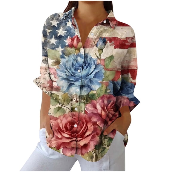 Tnhcen Women's Fall Independence Day Print Button-Up Shirt | Loose Fit Stretchy Comfort | Pre-Shrunk Linen-Like Tops | S-2XL