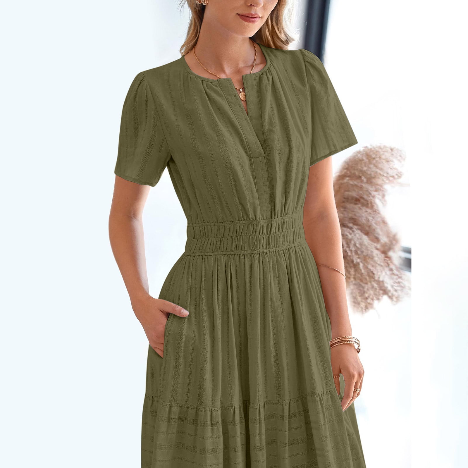 Lorytime Dresses for Women Mid Length Green Summer Short Sleeve Midi Dress Pleated Tiered Hawaiian Flowy Calf Length Dresses Solid V Neck Dress Loose Vacation Trendy Clothes L