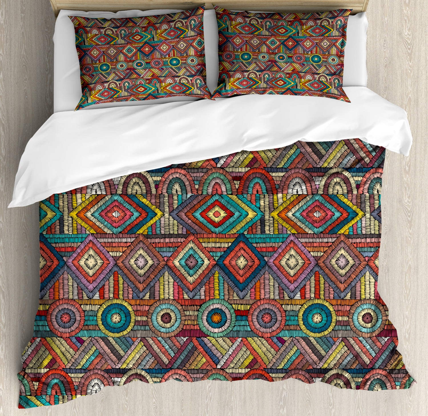 Aztec Queen Size Duvet Cover Set, Vibrant Folk Embroidery Style