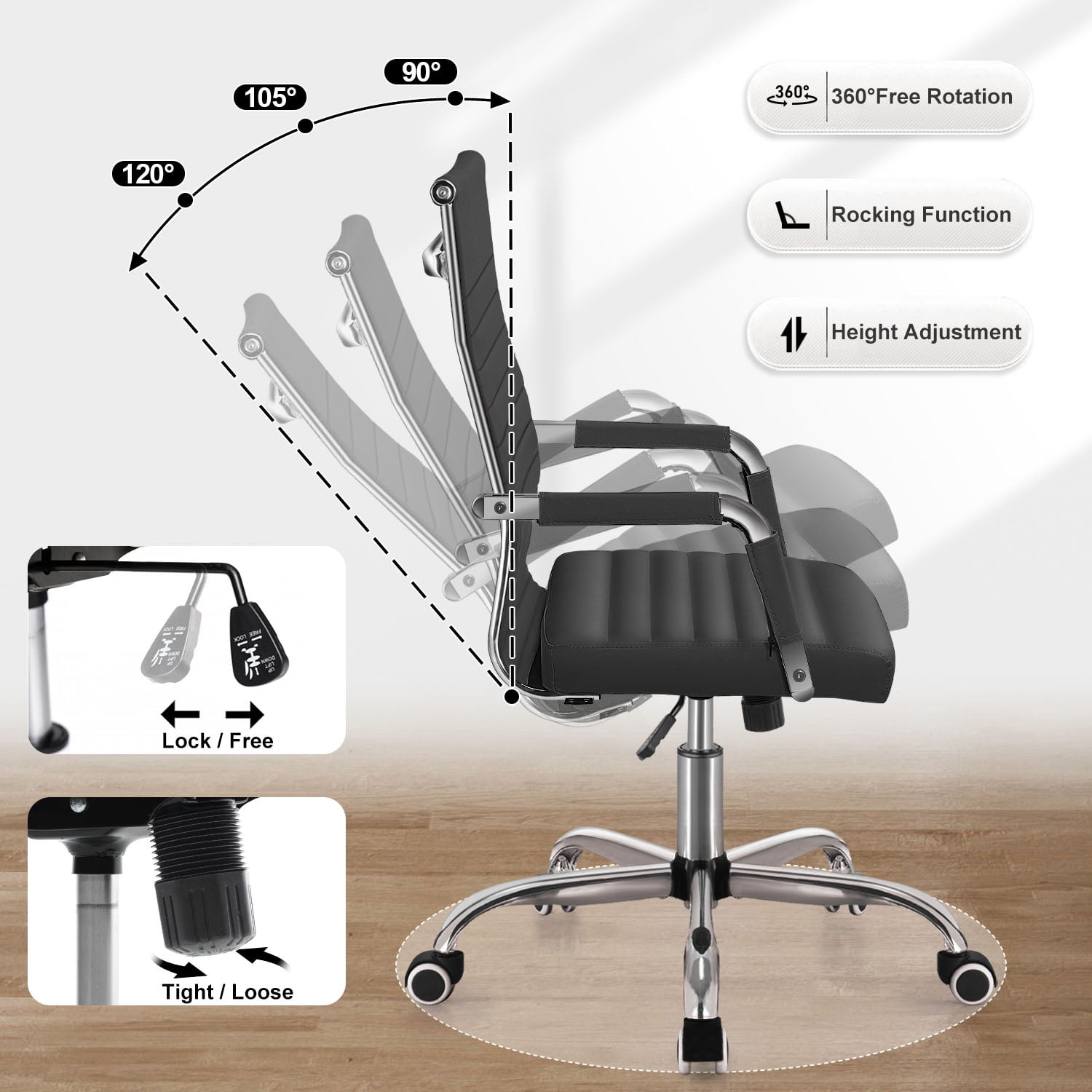 Lacoo Mid-Back Faux Leather Office Desk Chair Executive Conference Task Chair with Arms, Black