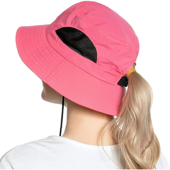 Muryobao Women Ponytail Sun Hat Wide Brim Summer Shade Hats Outdoor UV Protection Packable Mesh Bucket Cap for Safari Beach Travel Fishing Gardening Hiking Watermelon Red