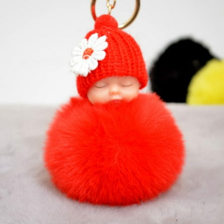 - Cute Small Flower Sleeping Baby Doll Fake Fur Fluffy Ball Keychain Bag Key Rings Car Key Pendant Cartoon Ornaments Gifts Color Red