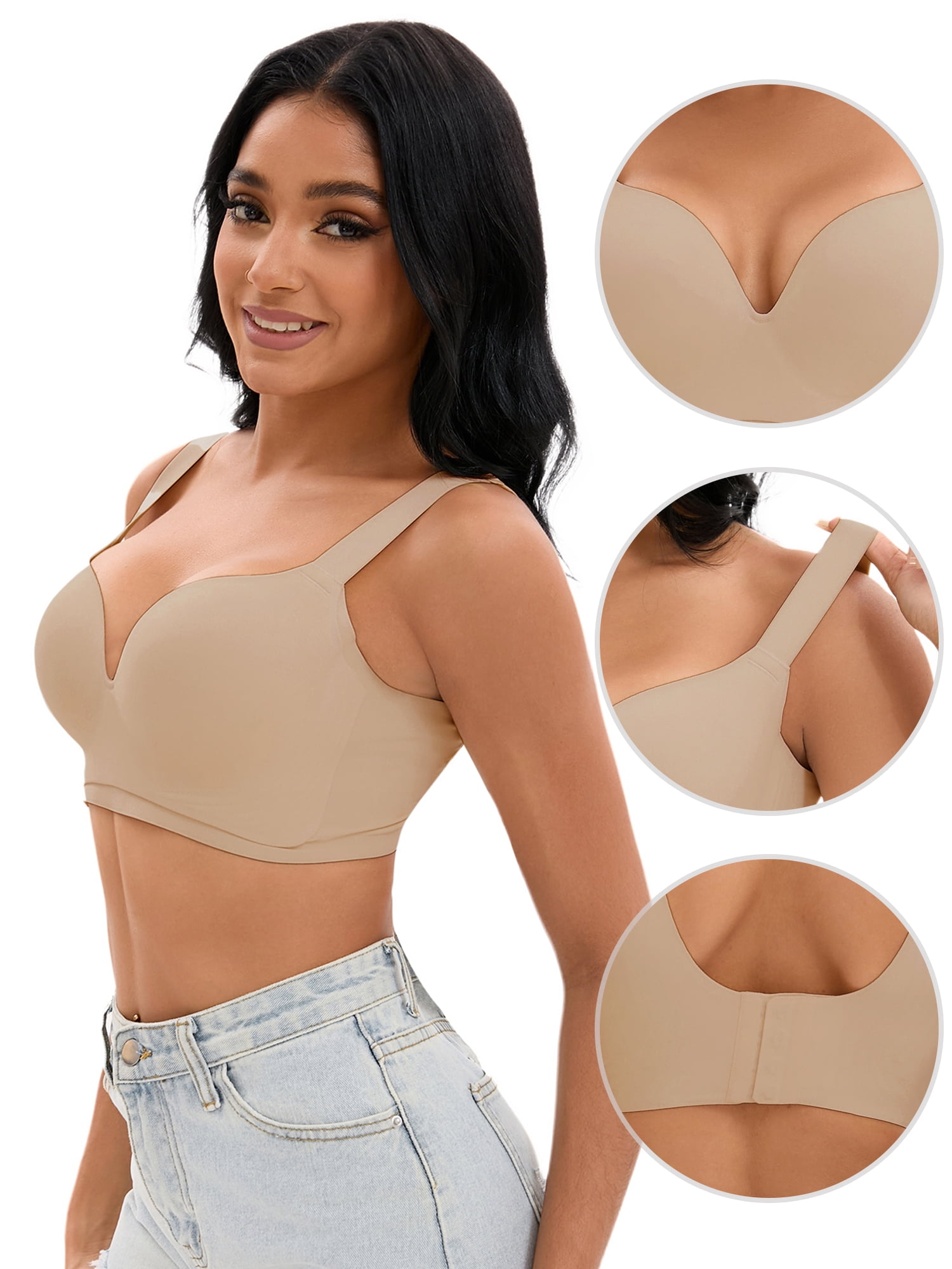 Unique Bargains Women's U Back Push Up Adjustable Straps Comfort Wirefree Bras C 36 Khaki