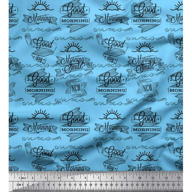 Soimoi Blue Rayon Fabric Sun & Text Print Fabric by the Yard 42 Inch Wide