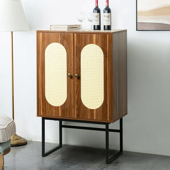 UWR-Nite Rattan Accent Storage Cabinet with 2 Door, Buffeet Cabinet, Sideboard with Adjustable Shelves for Living Room, Kitchen, Bedroom