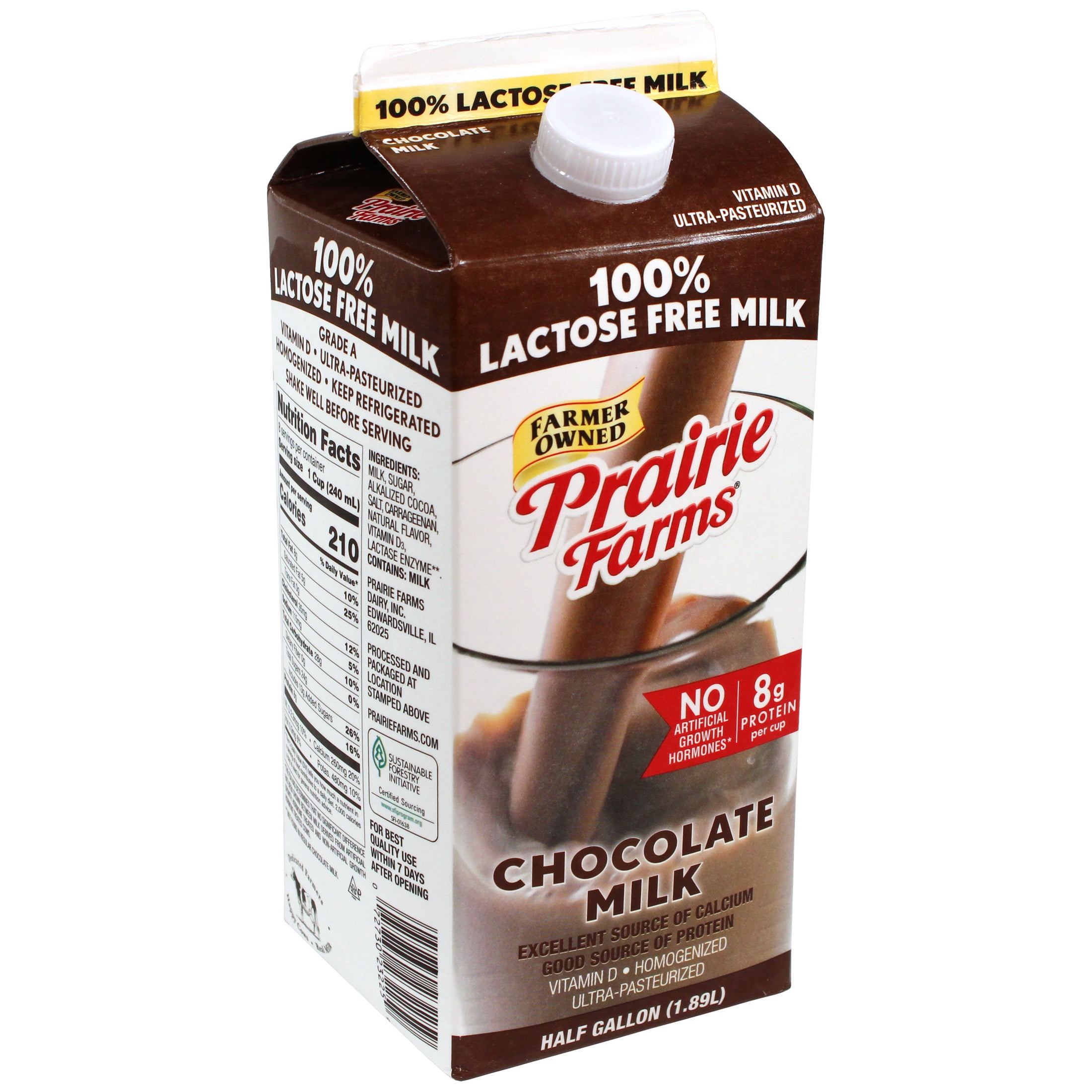 Prairie Farms Lactose Free Whole Chocolate Milk, Vitamin D, UHT, Half Gallon, 64 Fl Oz