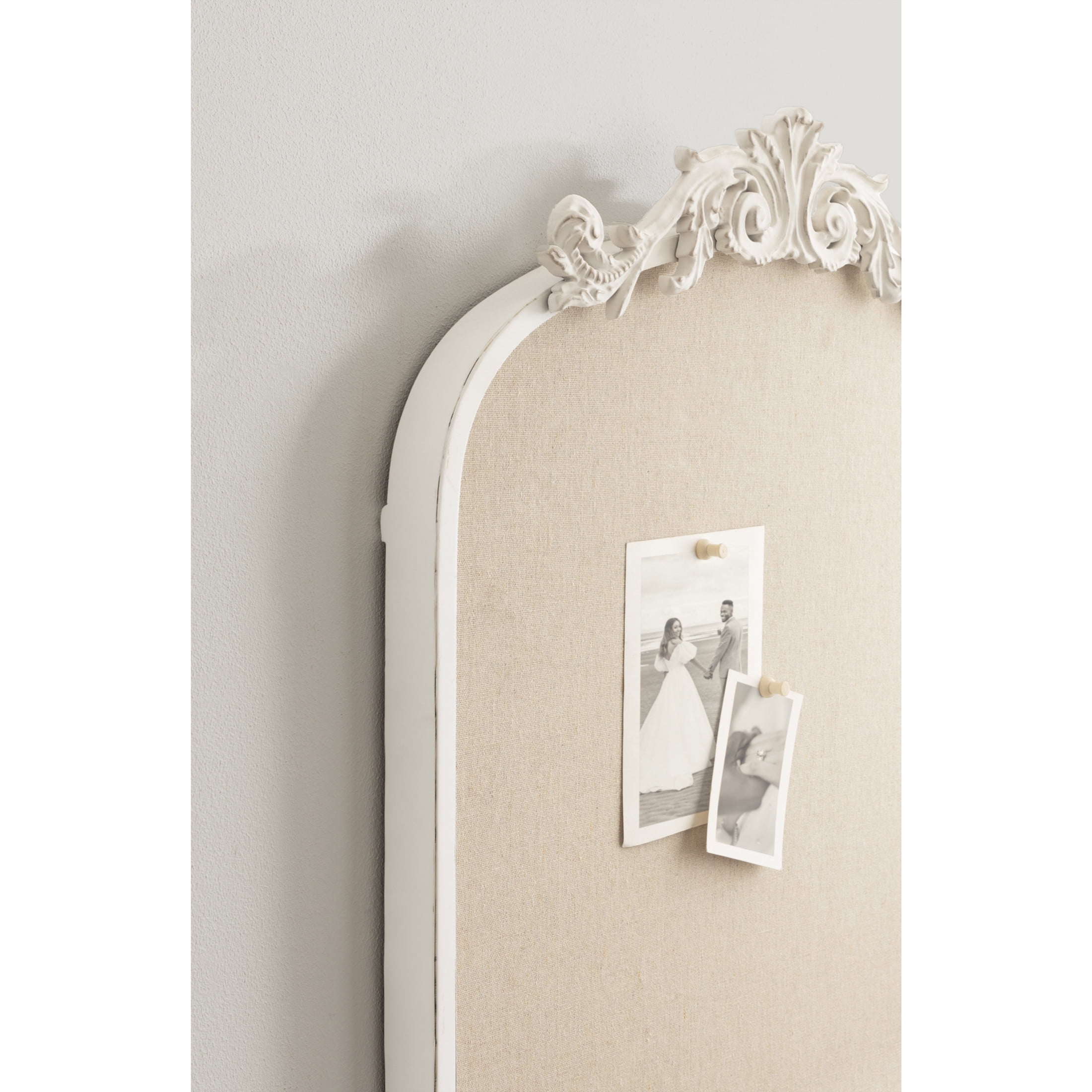 Kate and Laurel Arendahl Decorative Arch Pinboard, 19 x 31, White, Framed Arched Ornate Vintage Cork Board for Use as Motivational Vision Board or Wall Organizer