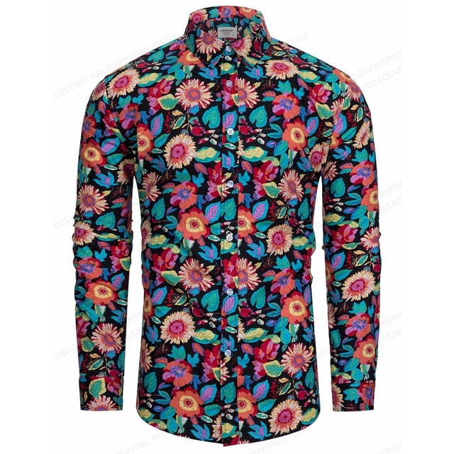 Camisa hawaiana de manga larga, camisa floral, camisas de moda para hombres, blusa de playa, blusas de flores, ropa para hombres, camisas con cuello vuelto