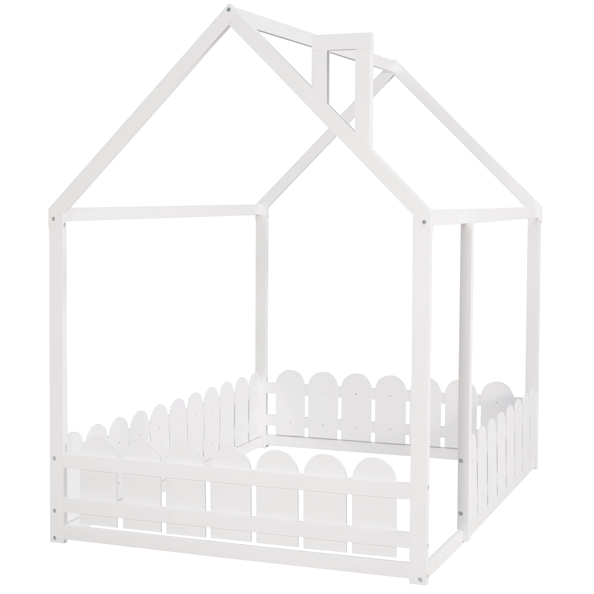Leumius Full Size Wood House Bed with Fence & Roof,Montessori Bed Floor Bed with Safety Guardrails for Boys & Girls,White