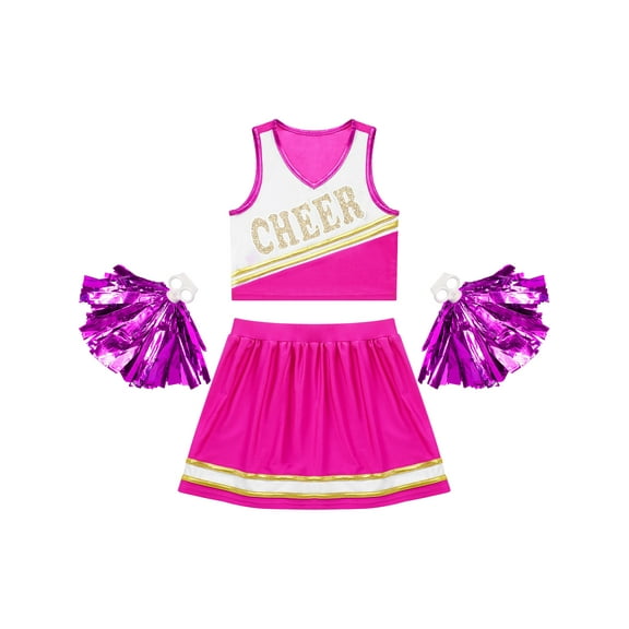 Aislor Kids Girls Cheer Leader Tank Tops Skirts and Pom Pom Set High School Students Cheerleading Dancewear