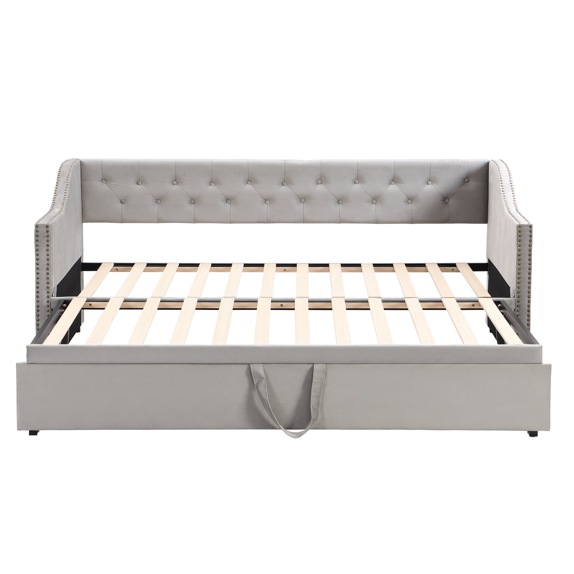 Aukfa Twin Daybed with Pop-Up Trundle, Velvet Upholstered Bed Frame with Button Tufted Back and Nailhead Trim, Space Saving Guest Bed for Kids Room/Living Room, Gray