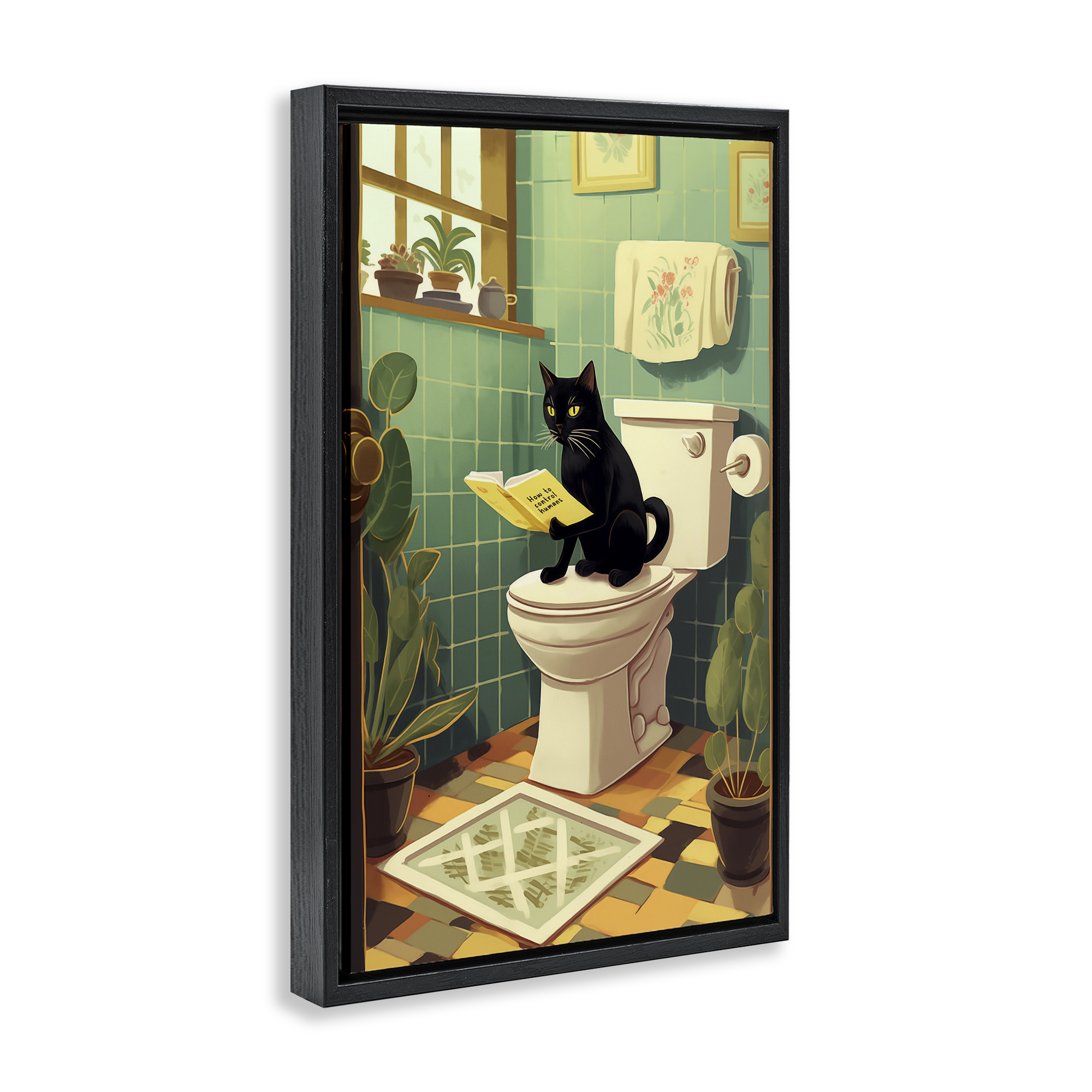 Cat Reading On Toilet Black Framed Floater Canvas Wall Art, design by Andreas Magnusson