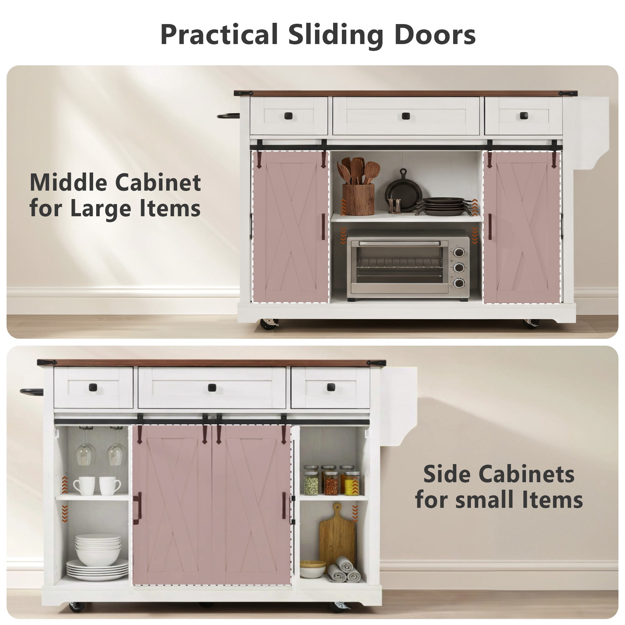 Mintazer 58" Farmhouse Kitchen Island Cart with Single Drop Leaf & Power Outlet, Rolling Kitchen Island Table with Sliding Barn Doors, 3 Drawers & Side Spice Towel Racks for Kitchen, White