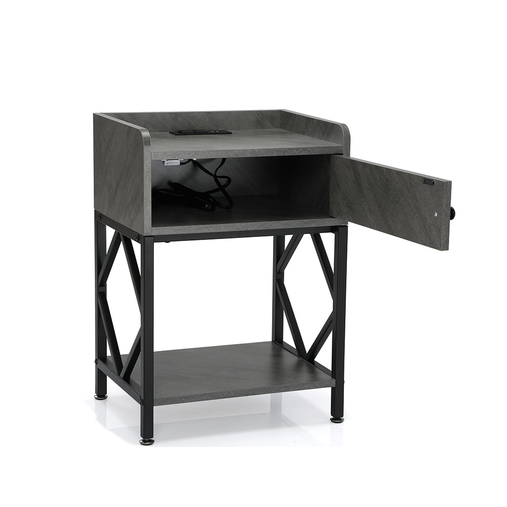 Resenkos Set of 2 Nightstand with Charging Station, Industrial Bedside Table with Storage Shelf for Bedroom Gray
