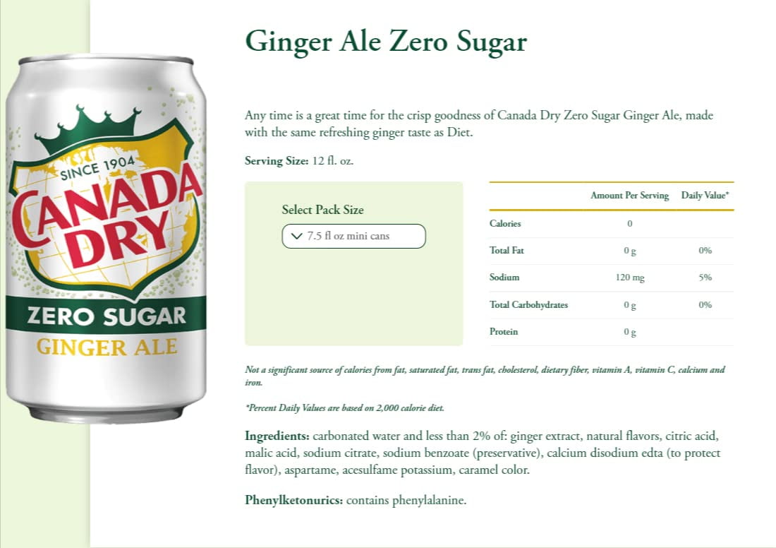 Canada Dry Zero Sugar Ginger Ale 10 Pack 7.5 fl oz MINI CANS, total 75