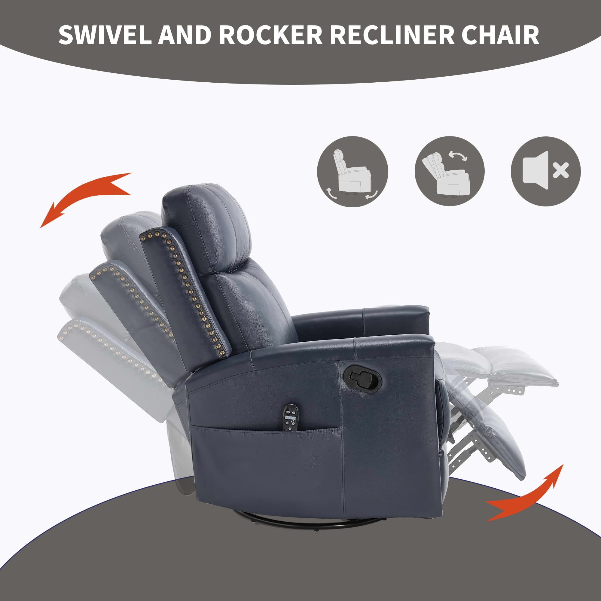 MAYEERTY Blue Genuine Leather Manual Recliner, 360° Swivel Rocker Heat Massage 31"x38"x42" for Living Room