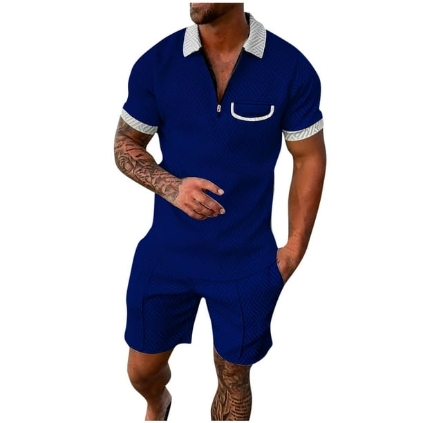 Mens Casual Pantalones Turndown Cuello Manga Corta Mitad Cremallera Blusa Y Bolsillos Pantalones Traje Deportivo para Diario