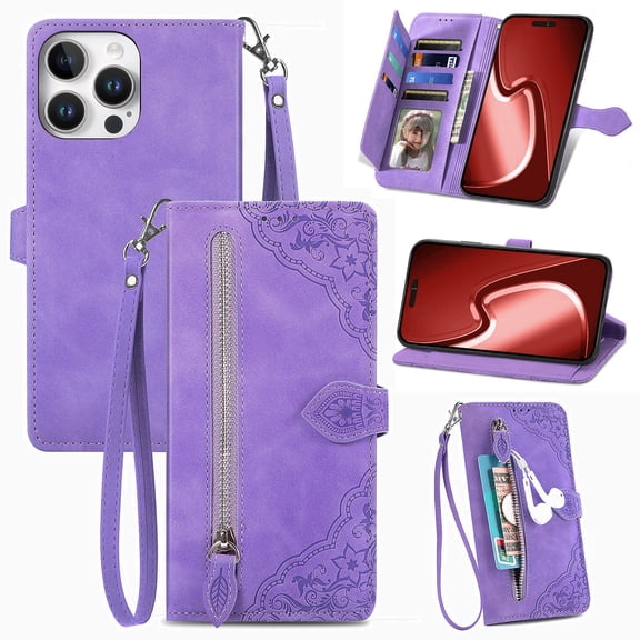 Phone Case for iPhone 16 Pro, Shockproof PU Leather Wallet Case with Card Slots Anti-Scratch Stand Magnetic Flip Zipper Pocket Cover for iPhone 16 Pro, Purple