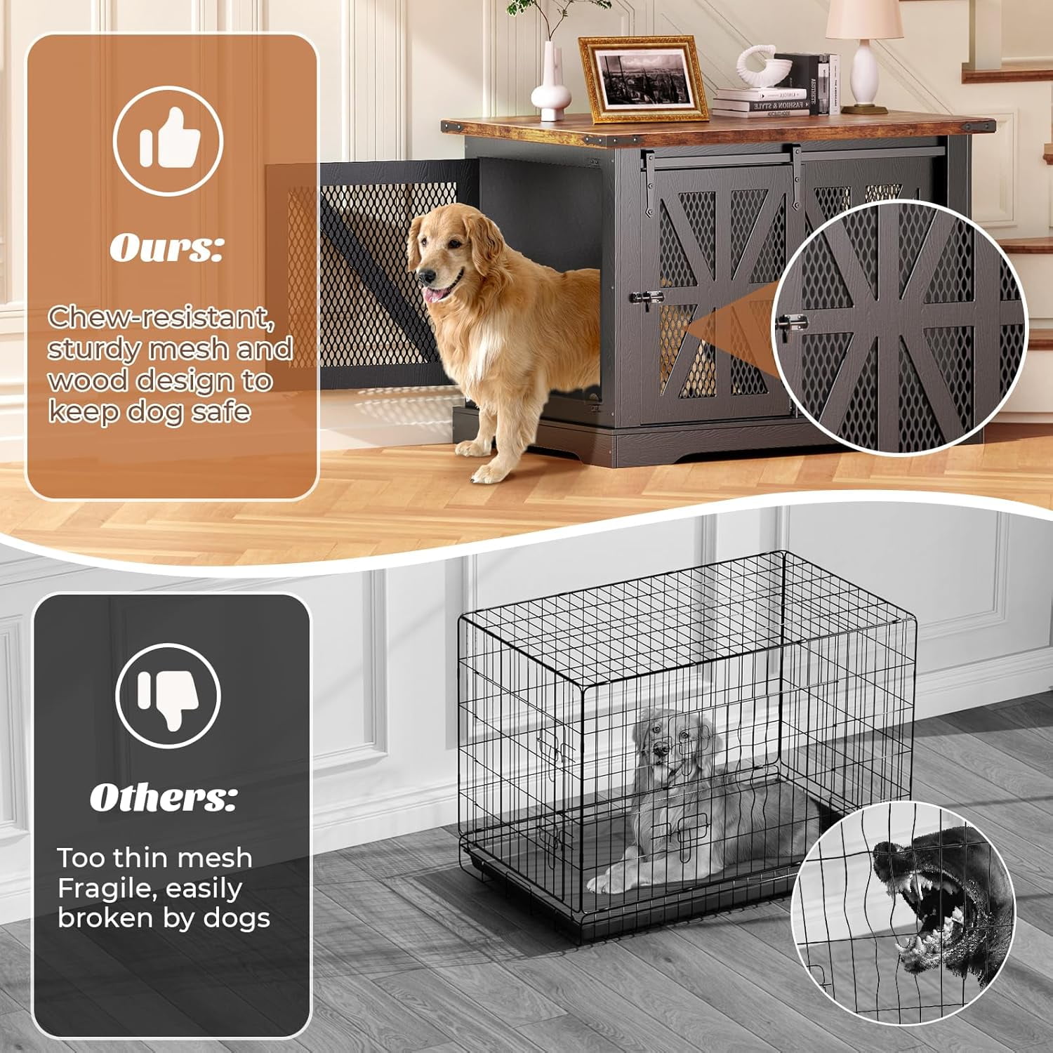 Flycity 39.4''Farmhouse Dog Crate Furniture with Sliding Door, Heavy Duty Dog Crate for Small Medium Dogs, Wooden Dog Kennel Indoor with 3 Doors, Decorative Pet House End Table for Living Room, Black