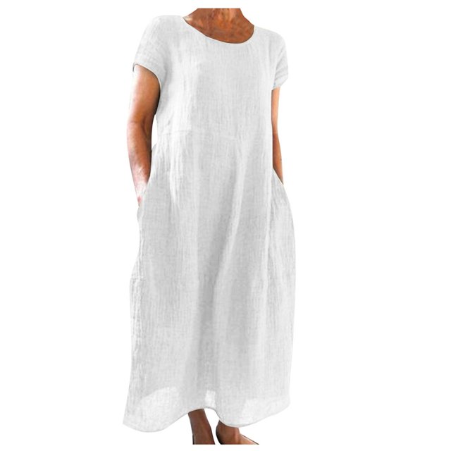 CHOK Robe en Lin Décontractée à Manches Courtes et Col Rond pour Femmes, Couleur Unie, Coton et Lin, Robe d'Été 2024 avec Poches, Gris, TG