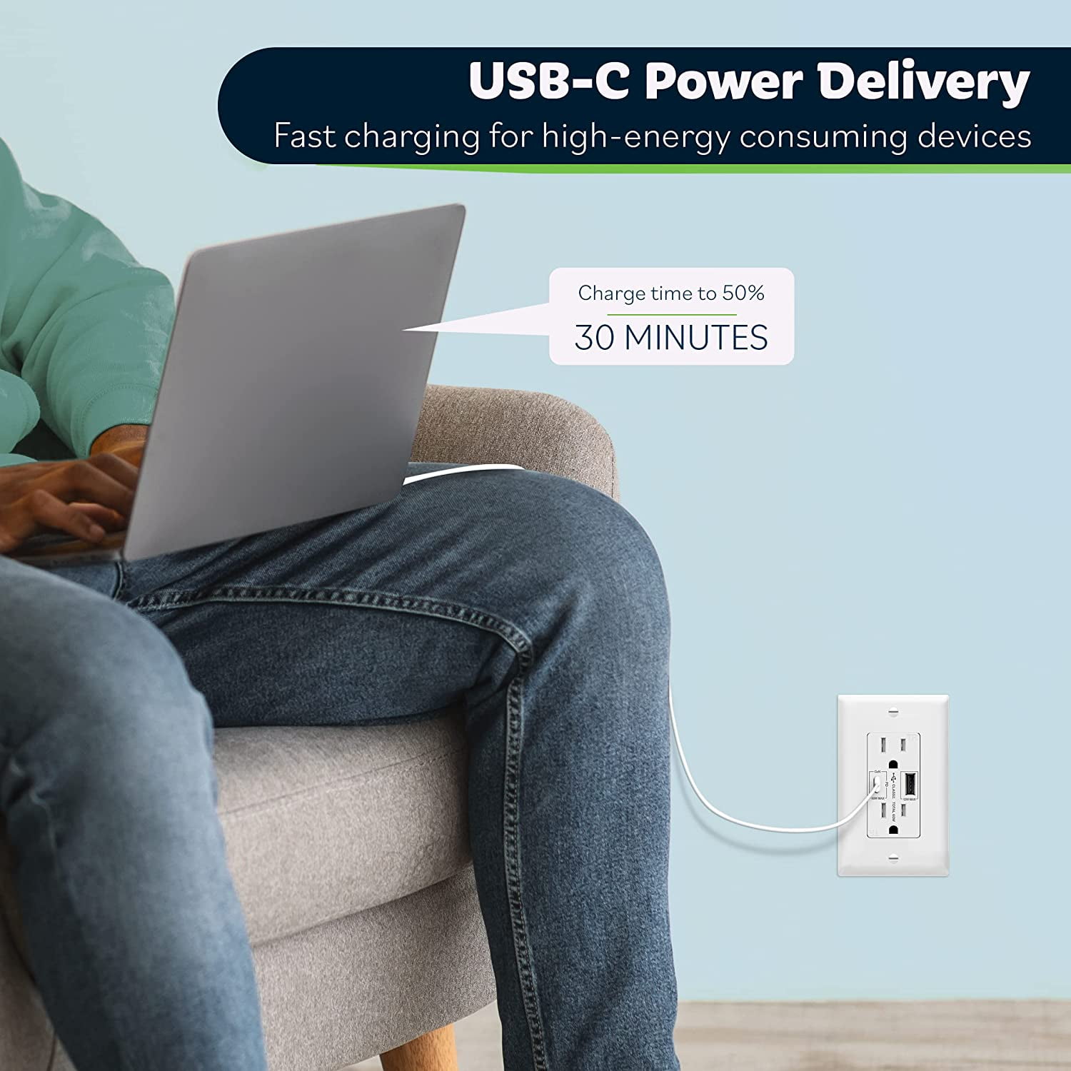 TOPGREENER GaN PD USB Outlet, Type C Wall Outlet Up to 65W Power Delivery, 15Amp Ultra-Speed USB C Outlet, Tamper-Resistant Receptacles for Laptops, Tablets, Smartphones, TU215PD60AC-W, White