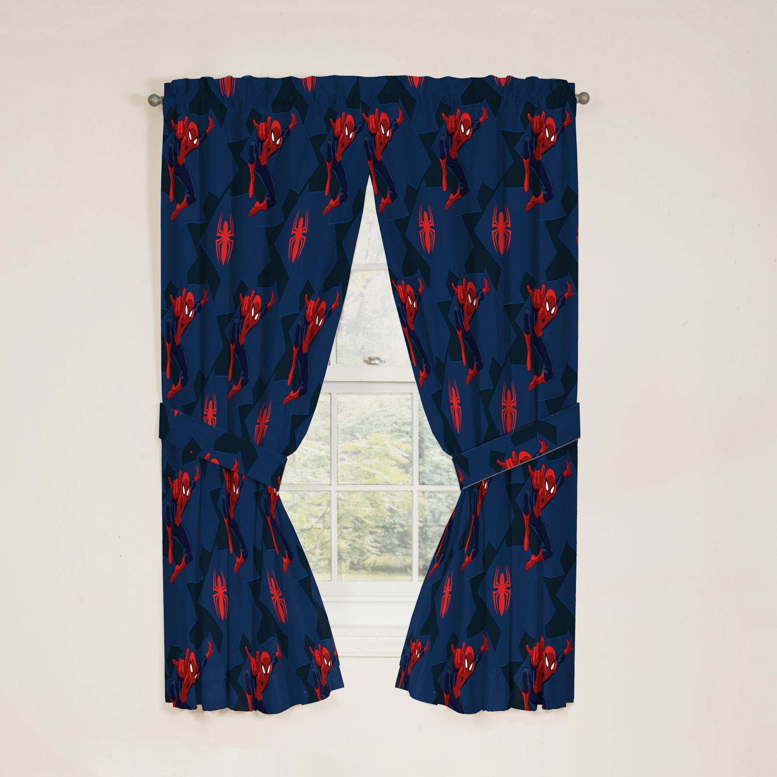 Marvel Spider-Man Classic Saving The Day 63" Curtain Set, 100% Microfiber, Blue