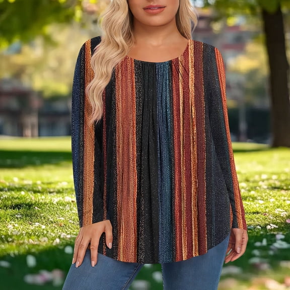 SOOMLON Plus Size Blouses for Women Long Sleeve Crew Neck Pullover Striped Smocked Shirts Casual Work Vacation Clothes