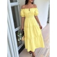 thumbnail image 4 of Women Off Shoulder Dresses Trendy Puff Short Sleeve Ruffle Flowy A Line Beach Party Maxi Dress Yellow S, 4 of 9