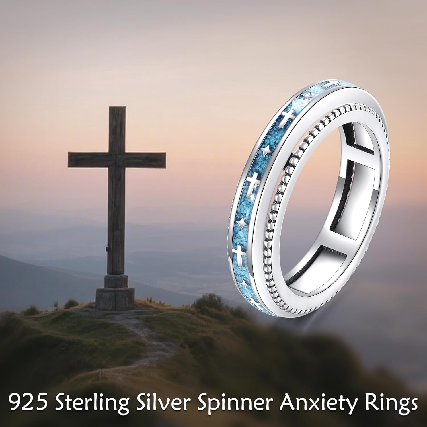 Anxiety Cross Turquoise Rings 925 Sterling Silver Star Fidget Spinner Ring Jewelry for Women Men Lover