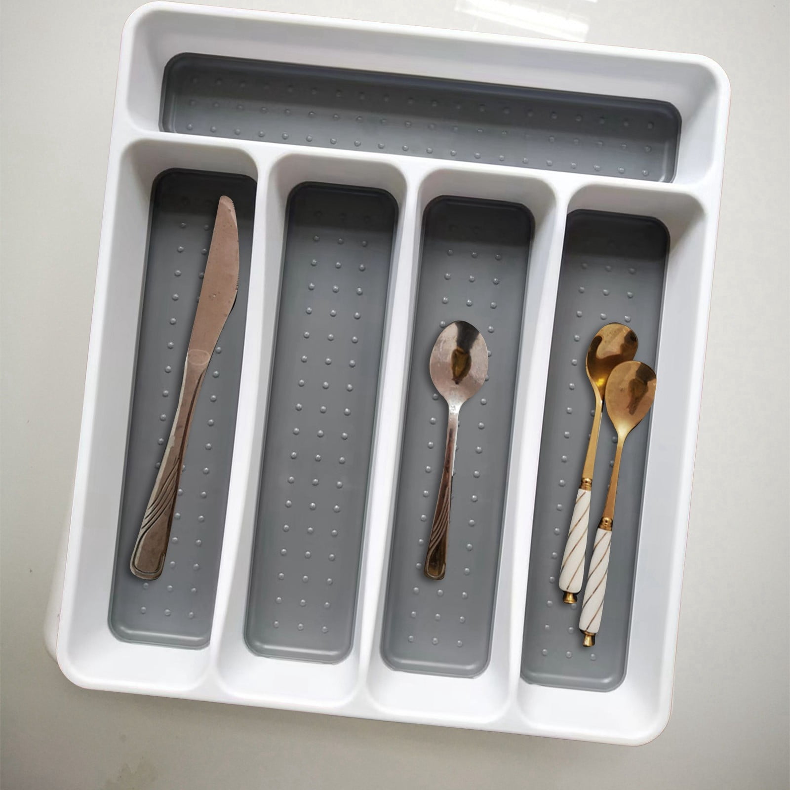 5-Compartment Cutlery Drawer Organizer Tray - Plastic Utensil Storage Solution for Spoons, Forks and Kitchen Tools - Grey