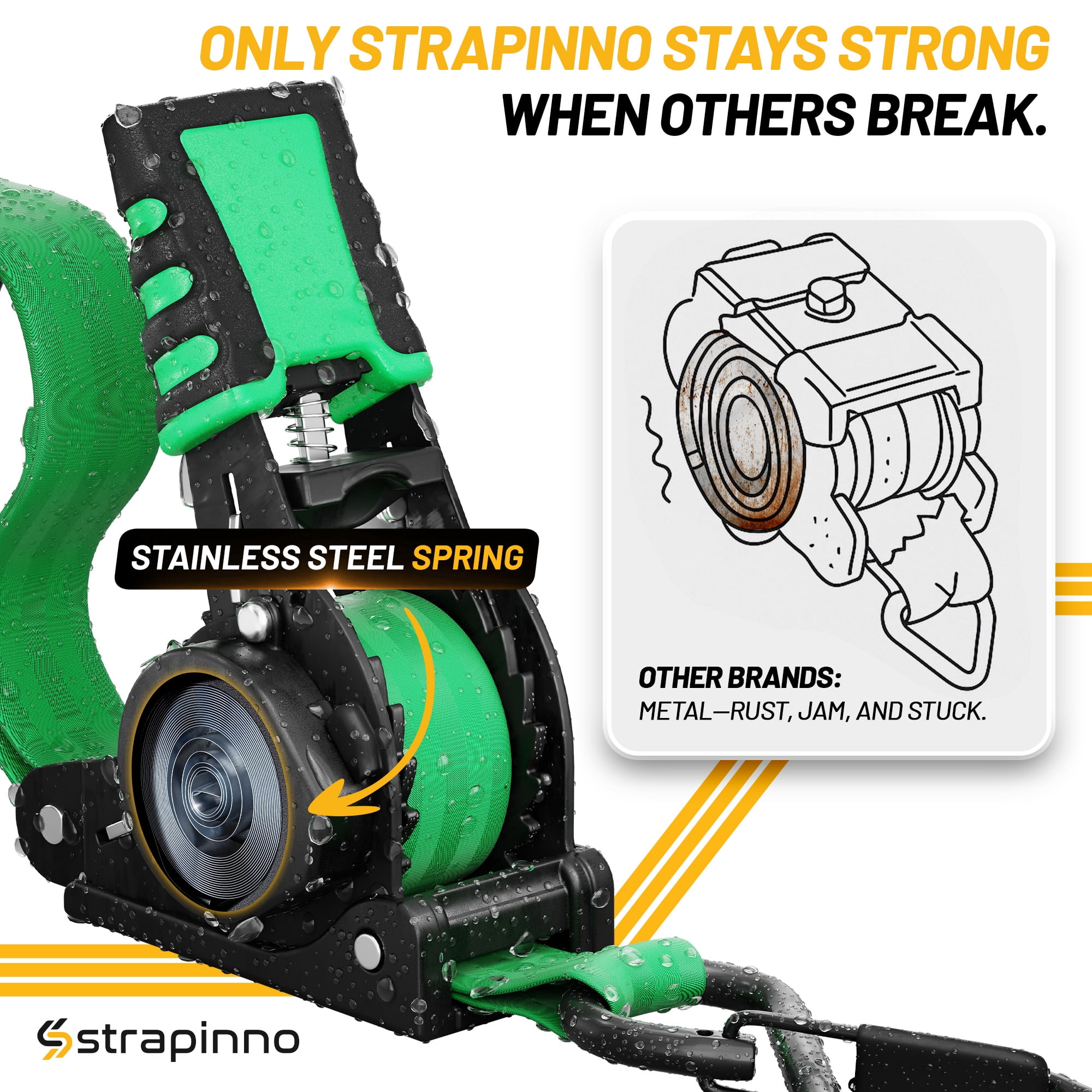 Strapinno Retractable Ratchet Straps 1 in x10ft, with Rubber-Coated Handles, S-Hooks, Secure Cargo Tie-Downs for Motorcycles, Bikes & Daily Use, Breaking Strength -1,500LBS/680KG (4 PK, Green)