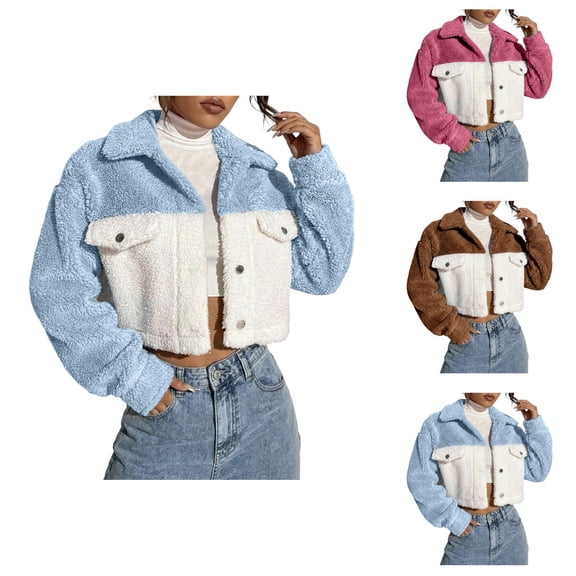 Cropped Jacket Women Long Sleeve Button Down Collared Color Block Casual Fuzzy Jackets Winter Coats Cardigan Outerwear