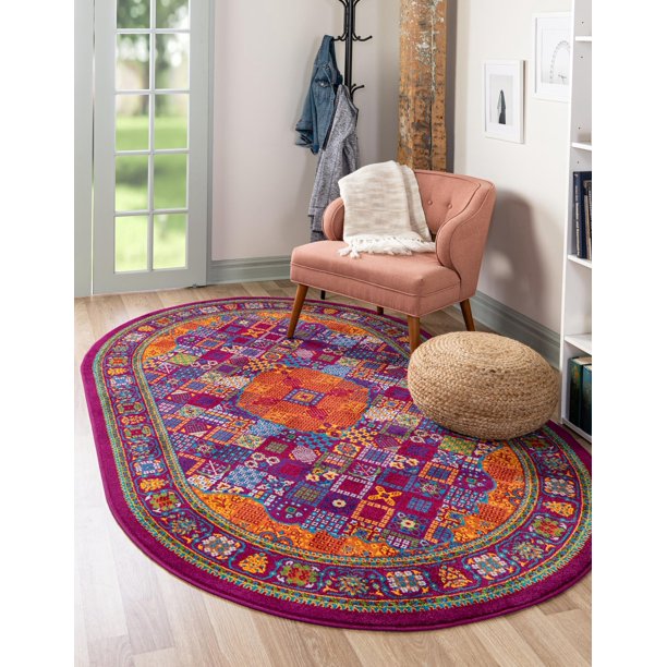 Unique Loom Trinidad Calypso Rug Fuchsia/Green 5' 3" x 8' Oval Border