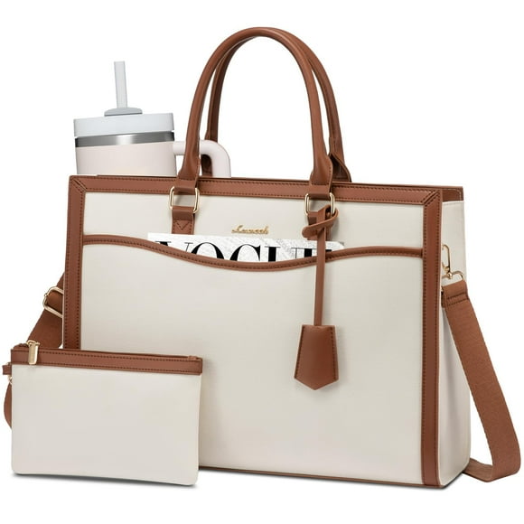 Bolsa para portátil LOVEVOOK para mujer, 15.6 pulgadas, lona, beige-marrón
