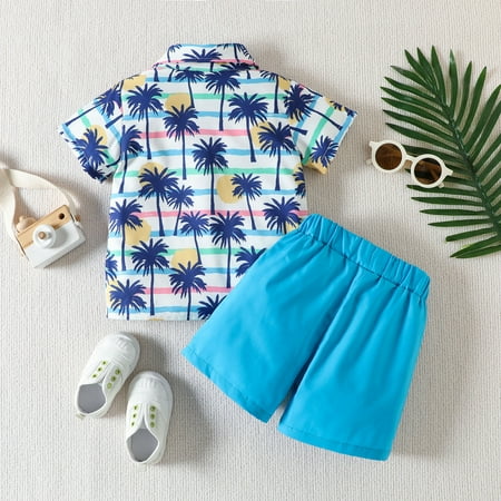 

nsendm Toddler Boys Short Sleeve Tree Floral Prints T Shirt Tops Shorts Child Kids Gentleman Outfits 5 Piece Gift Set Childrenscostume Blue 12-18 Months