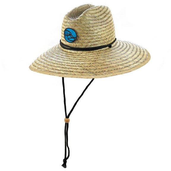 Panama Jack Rush Straw Lifeguard Sun Hat, 4" Bound Big Brim, Chin Cord and Toggle with Logo Patch (Blue, Large/X-Large)