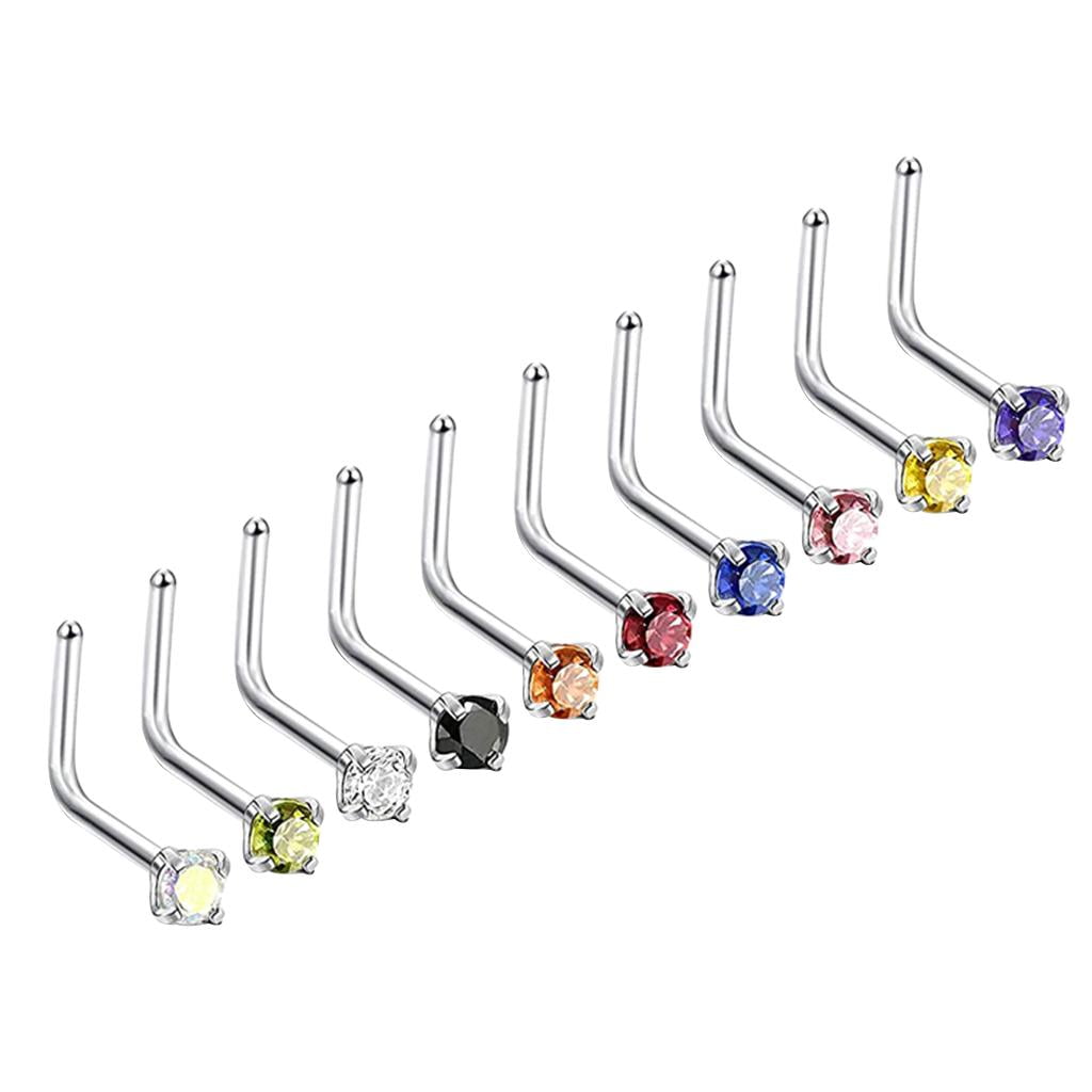 10pcs Assorted Color Crystal Stainless Steel Curved Nose Stud Gauge 3mm
