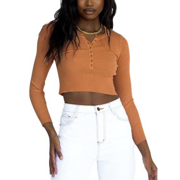 Seyurigaoka Women Rib Knit Long Sleeve Solid Color Button Front Crop Tops