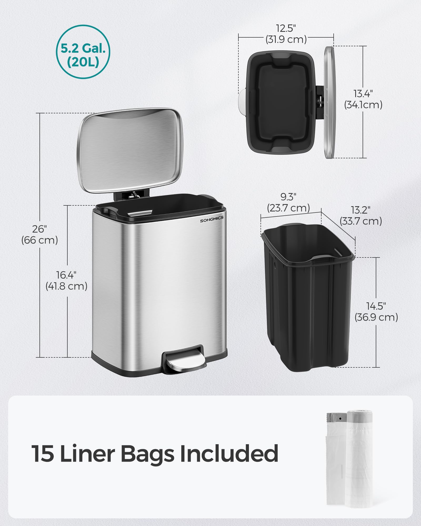 5.2-Gallon (20L) Trash Can, Garbage Can with Lid, Step Trash Bin for Kitchen, Stainless Steel, Soft Close and Stays Open, Inner Bucket, Includes 15 Trash Bags, Silver