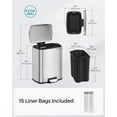 thumbnail image 7 of 5.2-Gallon (20L) Trash Can, Garbage Can with Lid, Step Trash Bin for Kitchen, Stainless Steel, Soft Close and Stays Open, Inner Bucket, Includes 15 Trash Bags, Silver, 7 of 7