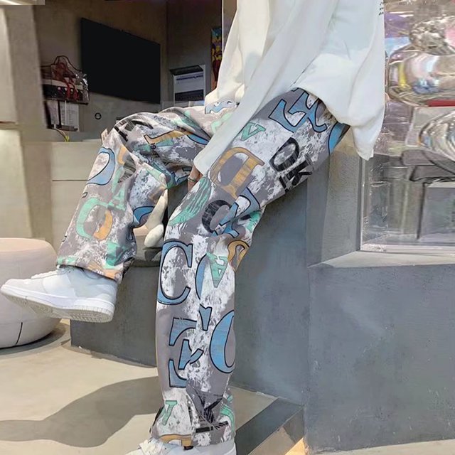Pantalones estampados para hombre, pantalones de pierna ancha rectos, holgados, estilo callejero, de talle alto, para caballeros