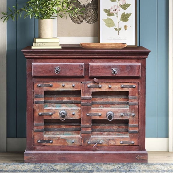 Antique Door Handmade Storage Cabinet | Rustic Solid Teak Wood Hallway Sideboard | 2 Drawers Storage Buffet | Farmhouse Style Tall Cabinet
