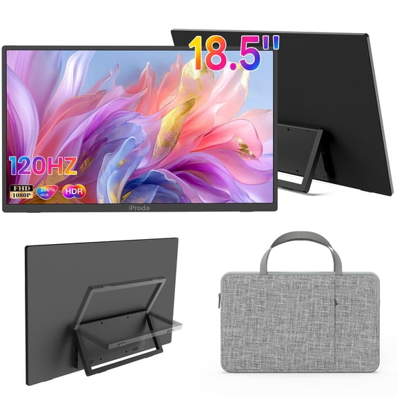 18.5-inch portable monitor with travel case, USB-C to HDMI port, 120Hz refresh rate. Suitable as a second monitor for laptops/PCs/Macs/PS5s/PS4s/Switch and other devices. Supports VESA wall mounting.