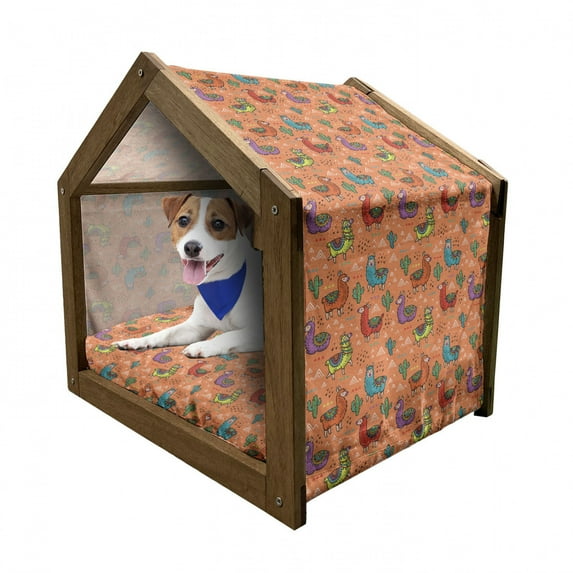 Cactus Pet House, Colorful Alpacas in Mexico Latino Foliage Curved Lines Cartoon Characters, Outdoor & Indoor Portable Dog Kennel with Pillow and Cover, 5 Sizes, Multicolor, by Ambesonne