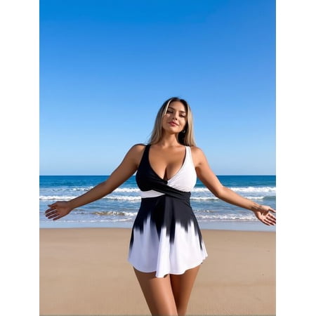 VERTEX&KAIBIN 2026 New Flattering Swimdress: Black White Color Block, Twist Front, Gradient Hem, Tummy Control, Beach Vacation Style
