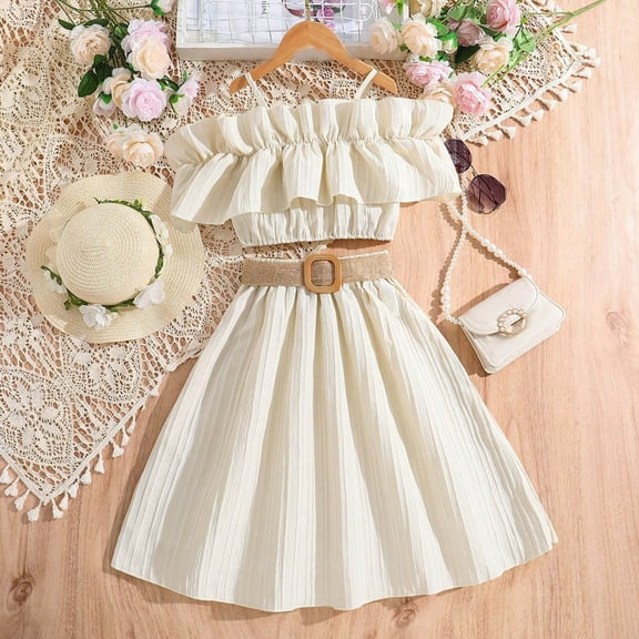 ZHUASHUM Summer Outfits For Girls 9-10 Years Child Winter Sleeveless Solid Color Ruffles Tops Skirt With Belt 3Pcs Outfits Clothes Set Beige