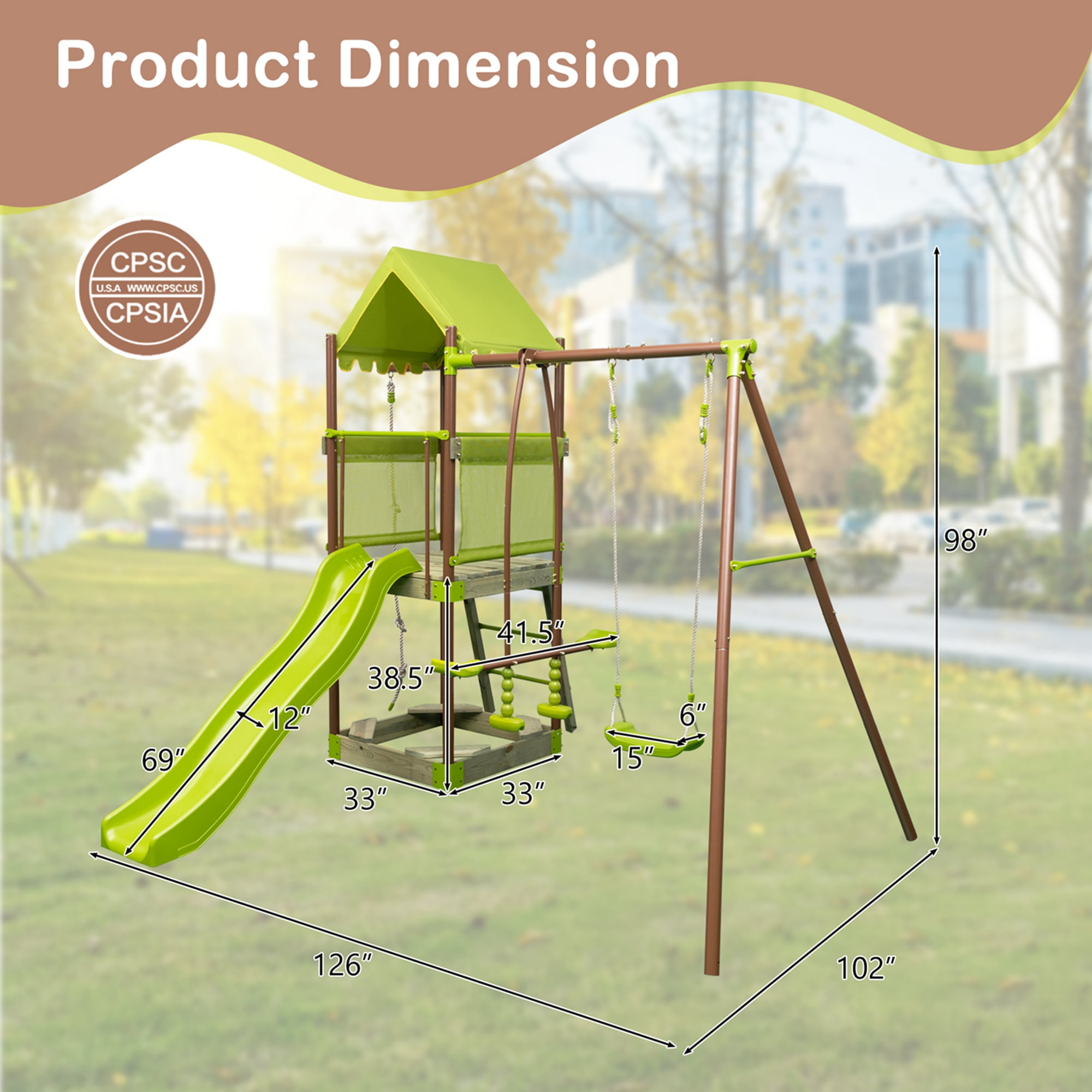 Costway 7-in-1 Swing Set with Covered Fort Height Adjustable Swing Climbing  Rope Sandbox